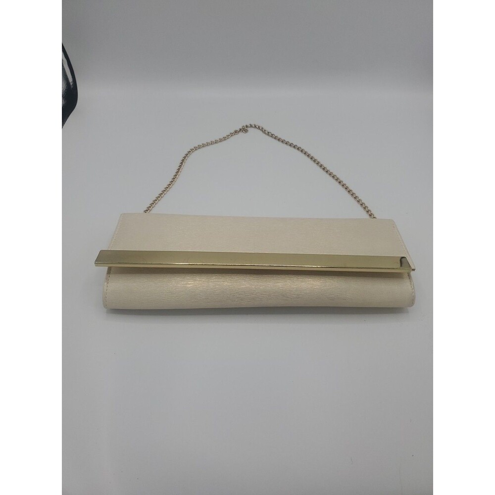 Vintage Beige & Gold Metallic Thread Oblong Rectangle Snap Cloth Clutch 11.5"